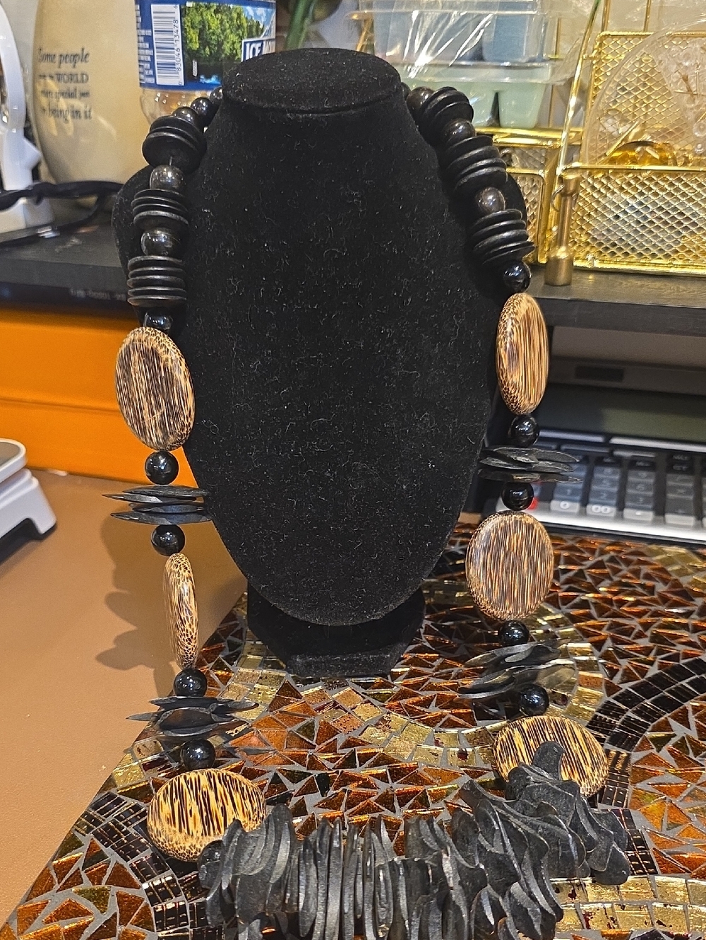 Vintage Brown and Black Statement Wood Bead Necklace